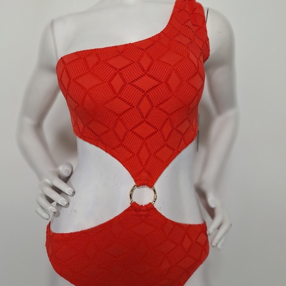 Vince Camuto "NEW" Tangerine Retro Cutout One Shoulder Swimsuit Size 8 - Picture 1 of 12